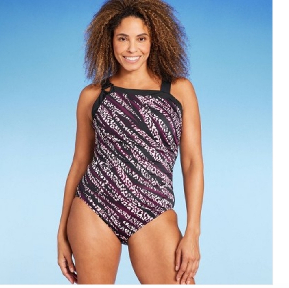 Slimming ruched side patterned asymmetrical swimsuit‎ black/burgundy SZ Lg